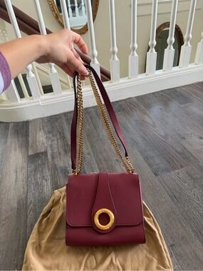 Women's Burgundy Burberry Leather Shoulder Bag with Gold Ring Accent